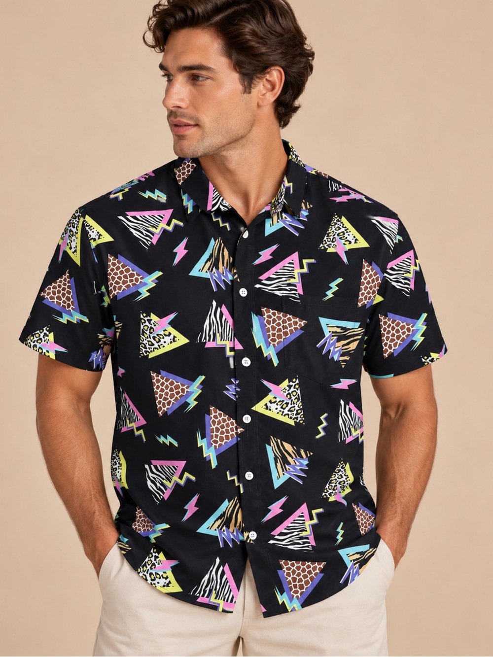 Men's 80s 90s Retro Geometric Print Short Sleeve Button Down Shirt M